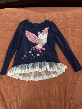 Isaac Mizrahi Navy Long-Sleeve Top with Pink Owl Appliqué and White Lace Hem